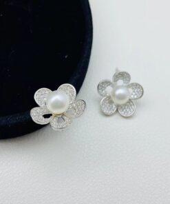 6mm button flower shape Studded With Freshwater Pearls earrings