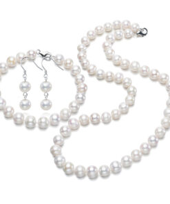 8mm off round AA- white 925 Silver Women Freshwater Bridal Pearl Set