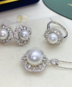 8&10mm button 925 Sterling Silver Pearl Bridal Set Wedding Jewelry Set