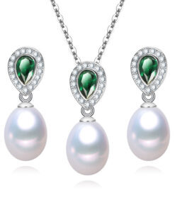 green cz beads 8mm drop natural real silver pearl hoop earrings set